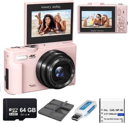 4K Digital Camera 64MP, Compact Vlogging Camera with 180° Flip Screen, WiFi, 16X Zoom, 64GB Card, Pink in Saudi Arabia