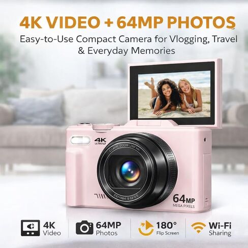 4K Digital Camera 64MP, Compact Vlogging Camera with 180° Flip Screen, WiFi, 16X Zoom, 64GB Card, Pink in Saudi Arabia