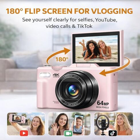 4K Digital Camera 64MP, Compact Vlogging Camera with 180° Flip Screen, WiFi, 16X Zoom, 64GB Card, Pink in Saudi Arabia