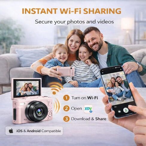 4K Digital Camera 64MP, Compact Vlogging Camera with 180° Flip Screen, WiFi, 16X Zoom, 64GB Card, Pink in Saudi Arabia