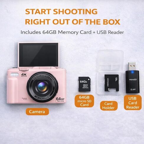 4K Digital Camera 64MP, Compact Vlogging Camera with 180° Flip Screen, WiFi, 16X Zoom, 64GB Card, Pink in Saudi Arabia