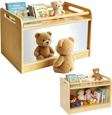 Montessori Shelf with Mirror and Bar, Birch Toy Storage Cabinet | Birch Toddler Tummy Time Mirror Wood Montessori Furniture for Home, Daycare, Preschool, Playroom, Nursery, Classroom in Kuwait
