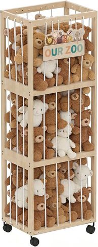 Stuffed Animal Zoo Storage with Wheels, Mobile Wooden Toy Organizer Cage with Elastic Band, Easy Assembly Large Capacity for Nursery Playroom Bedroom in Kuwait