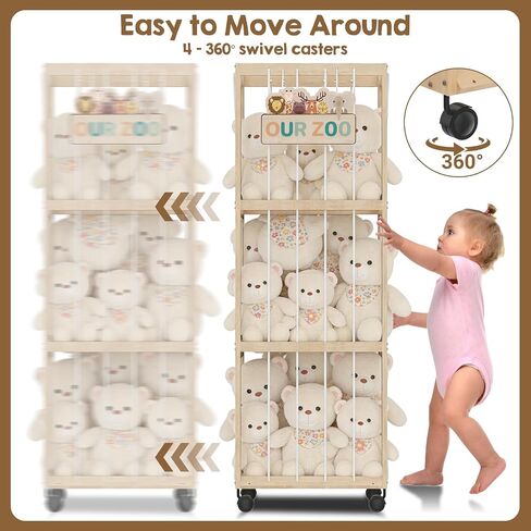 Stuffed Animal Zoo Storage with Wheels, Mobile Wooden Toy Organizer Cage with Elastic Band, Easy Assembly Large Capacity for Nursery Playroom Bedroom in Kuwait