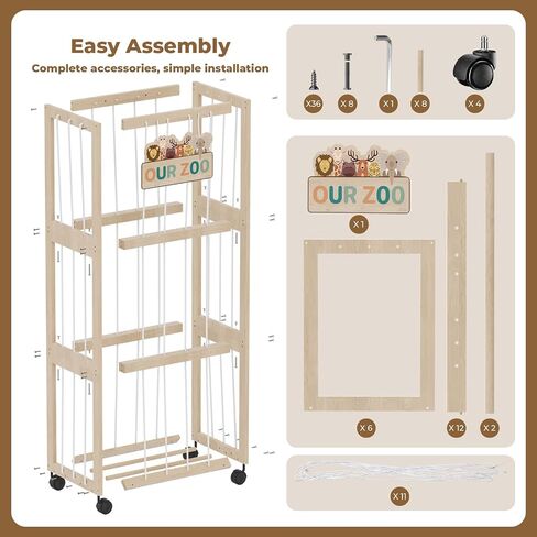 Stuffed Animal Zoo Storage with Wheels, Mobile Wooden Toy Organizer Cage with Elastic Band, Easy Assembly Large Capacity for Nursery Playroom Bedroom in Kuwait