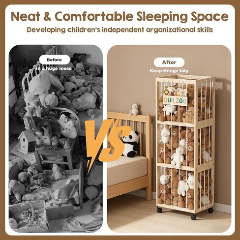 Stuffed Animal Zoo Storage with Wheels, Mobile Wooden Toy Organizer Cage with Elastic Band, Easy Assembly Large Capacity for Nursery Playroom Bedroom in Kuwait