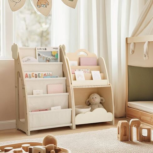 bopoobo Kids Bookshelf with Storage, 3-Piece Modular Wooden Bookcase Organizer for Nursery, Bedroom, Playroom, Easy Assembly, Corner Shelf for Books & Toys, Natural Wood Design (A) in Kuwait