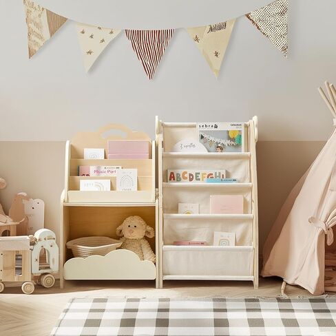 bopoobo Kids Bookshelf with Storage, 3-Piece Modular Wooden Bookcase Organizer for Nursery, Bedroom, Playroom, Easy Assembly, Corner Shelf for Books & Toys, Natural Wood Design (A) in Kuwait
