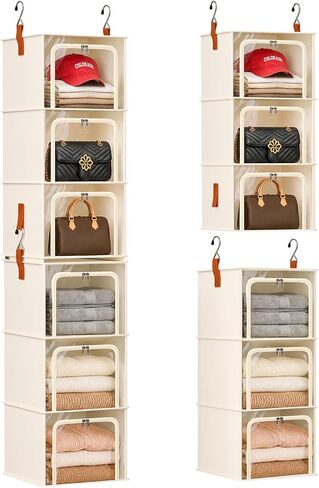 6-Tier Modular Hanging Closet Organizer Shelves, Beige | 3+3 Modular Design, Clear Window, Front Opening, Fabric Vertical Storage, Closet Storage for Home, Apartment, Nursery, RV in Saudi Arabia