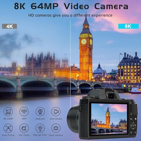 كاميرا رقمية 8K للتصوير الفوتوغرافي، واي فاي وكاميرا تسجيل فيديو بشاشة لمس 4 بوصات لليوتيوب مع عدسة مزدوجة، وكاميرات تسجيل فيديو بدقة 64 ميجابكسل، وتكبير رقمي 16X مع بطاقة TF سعة 32 جيجابايت، وبطارية 3000 مللي أمبير في الساعة، وغطاء عدسة، أسود in Kuwait