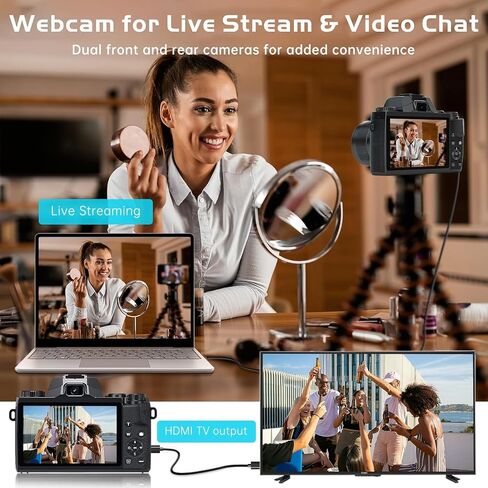 كاميرا رقمية 8K للتصوير الفوتوغرافي، واي فاي وكاميرا تسجيل فيديو بشاشة لمس 4 بوصات لليوتيوب مع عدسة مزدوجة، وكاميرات تسجيل فيديو بدقة 64 ميجابكسل، وتكبير رقمي 16X مع بطاقة TF سعة 32 جيجابايت، وبطارية 3000 مللي أمبير في الساعة، وغطاء عدسة، أسود in Kuwait