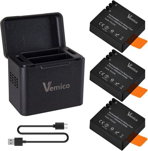 Vemico PG1050 Battery Charger 3-Packs 1350mAh Batteries and LED Charger | Action Camera Battery for AKASO EK7000,Brave 4,EK7000 pro,SJCAM SJ4000,Wolfang,Dragon Touch,Apexcam,Dual-Slot USB-C Charger in Saudi Arabia