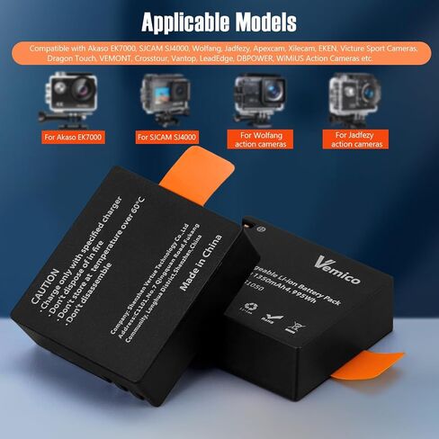 Vemico PG1050 Battery Charger 3-Packs 1350mAh Batteries and LED Charger | Action Camera Battery for AKASO EK7000,Brave 4,EK7000 pro,SJCAM SJ4000,Wolfang,Dragon Touch,Apexcam,Dual-Slot USB-C Charger in Saudi Arabia