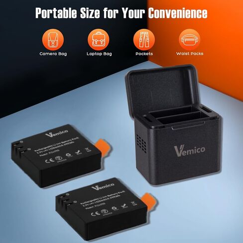 Vemico PG1050 Battery Charger 3-Packs 1350mAh Batteries and LED Charger | Action Camera Battery for AKASO EK7000,Brave 4,EK7000 pro,SJCAM SJ4000,Wolfang,Dragon Touch,Apexcam,Dual-Slot USB-C Charger in Saudi Arabia