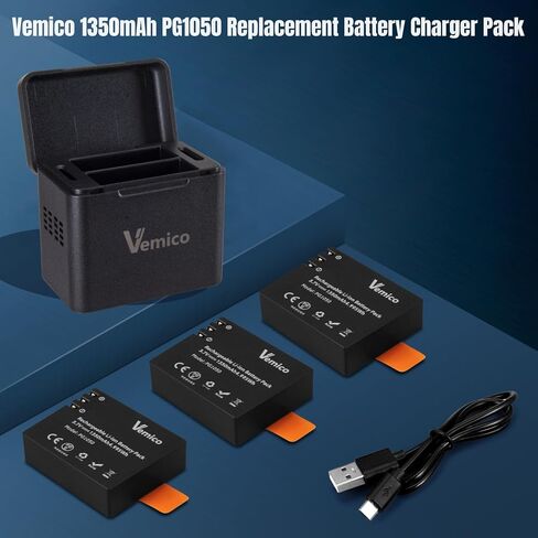 Vemico PG1050 Battery Charger 3-Packs 1350mAh Batteries and LED Charger | Action Camera Battery for AKASO EK7000,Brave 4,EK7000 pro,SJCAM SJ4000,Wolfang,Dragon Touch,Apexcam,Dual-Slot USB-C Charger in Saudi Arabia