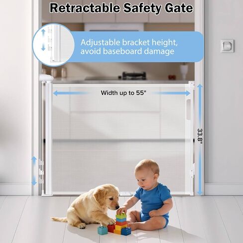 Retractable Baby Safety Gate, 33.8" Tall Extends to 55" Wide, Dual Lock, Adjustable Mounting, Extendable Pet Gate for Hallways, Stairs, Indoor & Outdoor（White） in Saudi Arabia