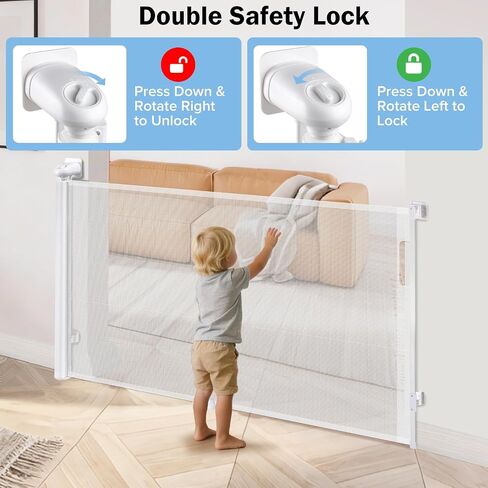 Retractable Baby Safety Gate, 33.8" Tall Extends to 55" Wide, Dual Lock, Adjustable Mounting, Extendable Pet Gate for Hallways, Stairs, Indoor & Outdoor（White） in Saudi Arabia