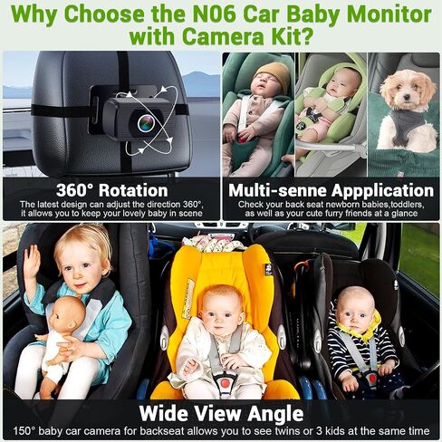 Baby Car Camera Easy Install: HD 1080P Eye Protection Clear Night Vision - Rear Facing Stability Backseat Camera with Monitor for Car Seat Travel 360° Rotation N06 | Rear Facing Stability Backseat Camera with Monitor for Car Seat Travel 360° Rotation N06 in Kuwait
