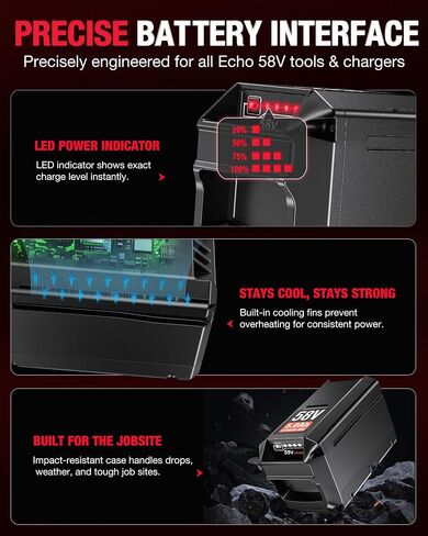 5.0Ah Battery Replacement for Echo 58V Battery, 290Wh 1200+ Cycles Li-ion Battery, Fits Echo 58V Cordless Power Tools, for Echo Battery in Kuwait