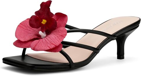 Women's Flower Kitten Heel Strappy Square Open Toe Sandals,Black Pu,6.5 in Saudi Arabia