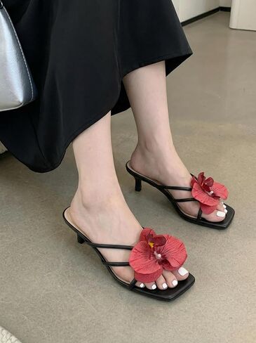 Women's Flower Kitten Heel Strappy Square Open Toe Sandals,Black Pu,6.5 in Saudi Arabia