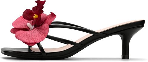 Women's Flower Kitten Heel Strappy Square Open Toe Sandals,Black Pu,6.5 in Saudi Arabia