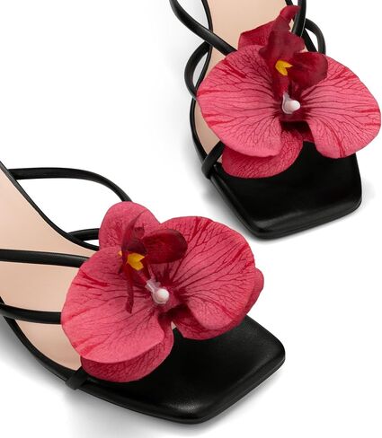 Women's Flower Kitten Heel Strappy Square Open Toe Sandals,Black Pu,6.5 in Saudi Arabia