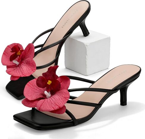 Women's Flower Kitten Heel Strappy Square Open Toe Sandals,Black Pu,6.5 in Saudi Arabia