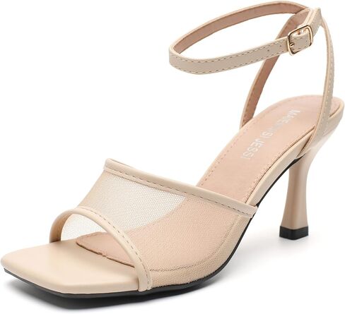 MAIERNISI JESSI Women's Mesh Ankle Strap Kitten Sandals, Square Open Toe High Heel, 3-Inch Heel in Saudi Arabia