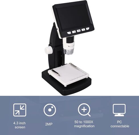 Digital Microscope with 4.3 Inch IPS Screen, Digital Microscope Camera, 50X to 1000X Magnification, 2MP 1080P Electronic Magnifier with 8 LED Lights for Adults and Kids in Saudi Arabia