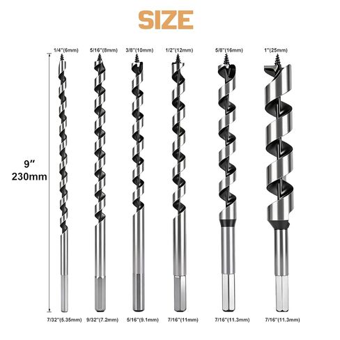 6Pcs 9" Long Auger Drill Bit Set for Wood, 1/4"-1" | Single Spur Cutting Edge, Hex Shank Ship Auger Drill Bit Set for Soft and Hard Wood, Plastic, Drywall and Composite in Saudi Arabia