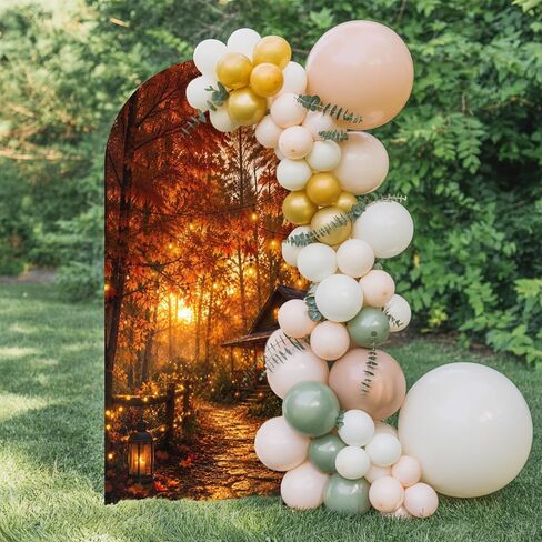Wedding Arch Cover 6 FT, Thanksgiving Forest House Stretch Chiara Backdrop Cover for Round Top Arch Stand, Fall Maple Leaves Path Reusable Party Decoration for Wedding Baby Shower Birthday in Saudi Arabia