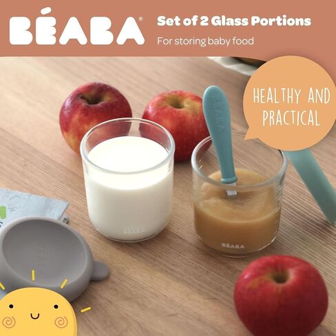 BEABA 6 Pack Glass Baby Food Jars with Soft Silicone Air Tight Lids, 5 oz Glass Storage Containers with Lids, Microwave and Freezer Safe Containers, Sunrise in Saudi Arabia