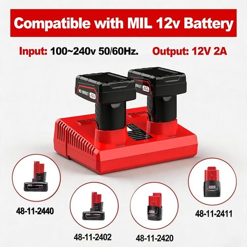 Dual Port Charger Replacement for Battery Charger 48-59-2401，Compatible with 12V Battery 48-11-2412 48-11-2420 48-11-2411 48-11-2401 in Kuwait