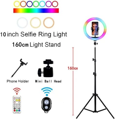 10" RGB Selfie Light Circle LED Fill Dimmable Lamp Video Trepied Makeup Photography with Remote Tripod in Kuwait