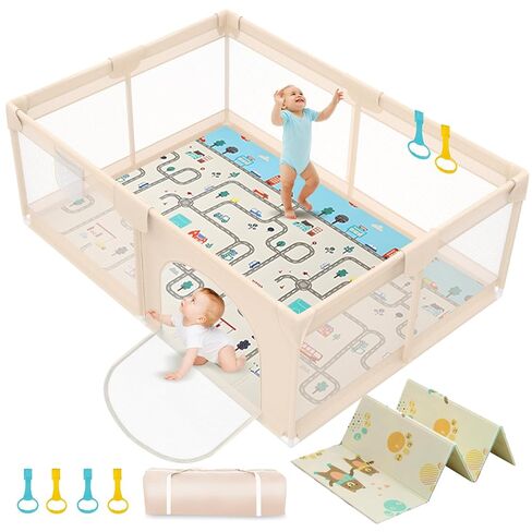 Baby Playpen with Mat 79x71inch - Extra Large Play Pen for Babies and Toddlers Indoor & Outdoor Baby Playard with Soft Breathable Mesh Cover - Sturdy Foam Infant Gate Playpen(Apricot) in Saudi Arabia