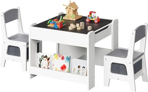 HOOBRO Kids Table and Chair Set, 4 in 1 Children Activity Table with Double-Sided Tabletop, Toddler Table and Chair Set with Storage Drawers & Bookshelf for Arts, Reading, Playroom, Gray WG02KT01 in Kuwait