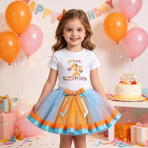 IBTOM CASTLE Toddler 3rd Birthday Girls Outfit T-Shirt Tutu Skirt Sets | Three Year Old Birthday T-Shirt Tutu Dress Set with Blue Dog Ears Clips,Third Birthday Outfits Girl for Smash Cake Photoshoot in Saudi Arabia