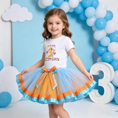 IBTOM CASTLE Toddler 3rd Birthday Girls Outfit T-Shirt Tutu Skirt Sets | Three Year Old Birthday T-Shirt Tutu Dress Set with Blue Dog Ears Clips,Third Birthday Outfits Girl for Smash Cake Photoshoot in Saudi Arabia