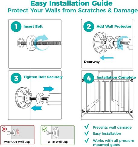 Baby Gate Extender Kit, 4 Cups, 4 M8x125mm Spindle Rods, White | 3.15-inch PP/TPE baby gate wall protectors; steel cores; pressure-mounted, no-drill fit; wider contact area for stability in Kuwait