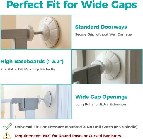 Baby Gate Extender Kit, 4 Cups, 4 M8x125mm Spindle Rods, White | 3.15-inch PP/TPE baby gate wall protectors; steel cores; pressure-mounted, no-drill fit; wider contact area for stability in Kuwait