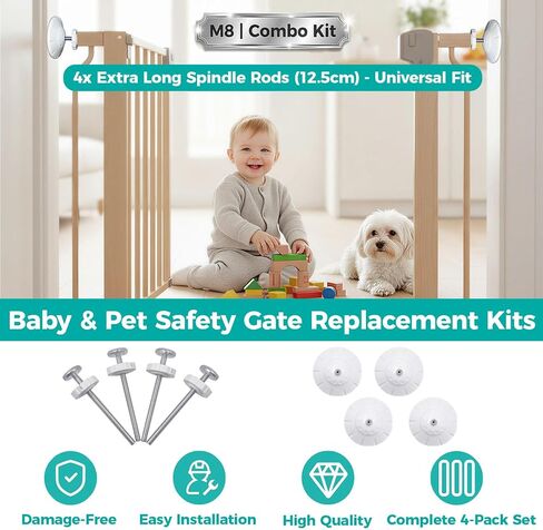Baby Gate Extender Kit, 4 Cups, 4 M8x125mm Spindle Rods, White | 3.15-inch PP/TPE baby gate wall protectors; steel cores; pressure-mounted, no-drill fit; wider contact area for stability in Kuwait