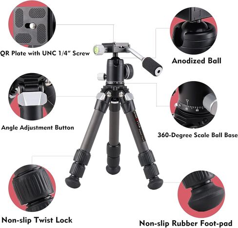 Carbon Fiber Tripod Tabletop Camera Tripod Metal Mini Tripod with 360 degree Metal ball head with handle for Camera and Phone ,Compatible with Canon,Nikon,Sony Cameras. in Saudi Arabia