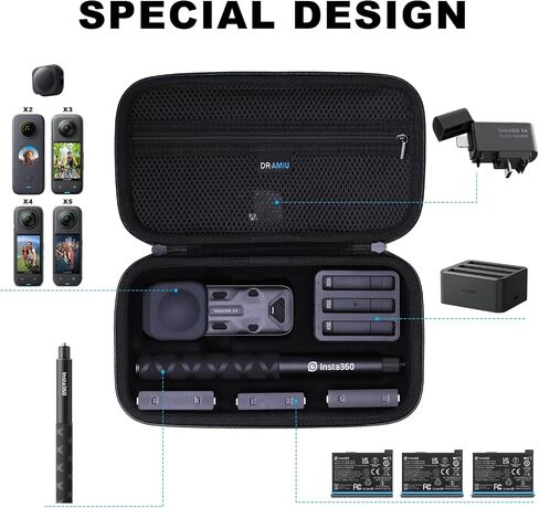 Hard Case for Insta360 X5, X4 Air, X4, X3 Action Camera Black | Compatible with Insta360 ONE X2 Cam and Accessories, for 114CM Invisible Selfie Stick, Batteries, Charger, Fast Charge Hub in Saudi Arabia
