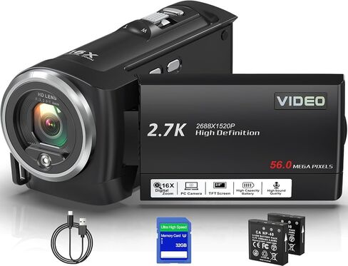 Video Camera Camcorder, QHD 2.7K 56MP 16X Digital Zoom Vlogging Camera | 2.8" 270° Rotatable Screen Camcorder, Built-in LED Fill Light Camcorder for YouTube with 32GB Card and Two Batteries in Kuwait