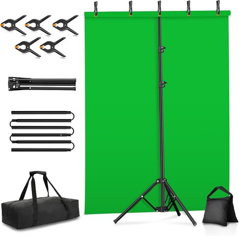 8x7.2ft Green Screen Backdrop Kit with Reverse Folding Base | Portable Green Screen T-Shape Stand with 5 Spring Clamps, Sandbag, Carry Bag for Zoom Video Streaming Photography in Kuwait