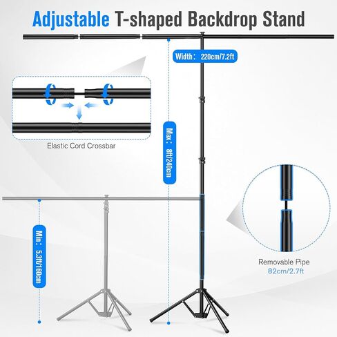 8x7.2ft Green Screen Backdrop Kit with Reverse Folding Base | Portable Green Screen T-Shape Stand with 5 Spring Clamps, Sandbag, Carry Bag for Zoom Video Streaming Photography in Kuwait