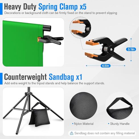 8x7.2ft Green Screen Backdrop Kit with Reverse Folding Base | Portable Green Screen T-Shape Stand with 5 Spring Clamps, Sandbag, Carry Bag for Zoom Video Streaming Photography in Kuwait
