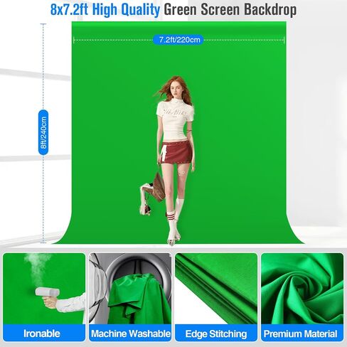 8x7.2ft Green Screen Backdrop Kit with Reverse Folding Base | Portable Green Screen T-Shape Stand with 5 Spring Clamps, Sandbag, Carry Bag for Zoom Video Streaming Photography in Kuwait