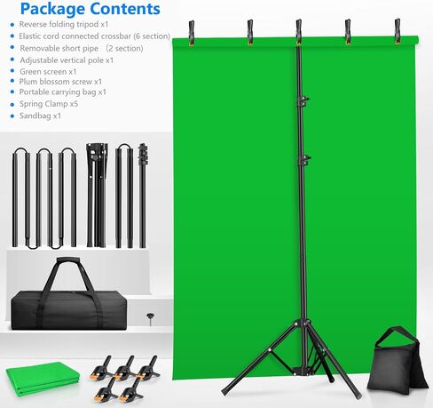 8x7.2ft Green Screen Backdrop Kit with Reverse Folding Base | Portable Green Screen T-Shape Stand with 5 Spring Clamps, Sandbag, Carry Bag for Zoom Video Streaming Photography in Kuwait